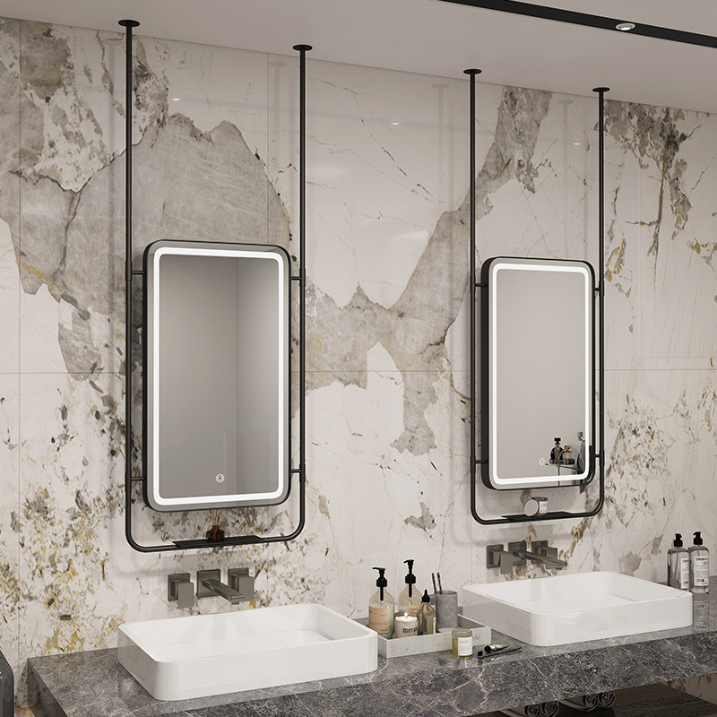 Bathroom Luminous Hanging Mirror Suspended Metal Frame Ceiling Rectangular Hollow Hotel Bed and Breakfast Bathroom Mirror with Light