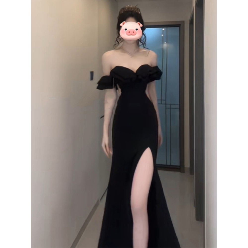 Yujie Temperament Socialite wine red Dress off-shoulder dress Spice Girl Split Waist Hip Fishtail Long Dress for Women