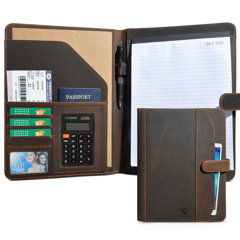 Retro Crazy Horse Leather Multifunctional Leather Stowable Office Document Information Contract iPad Leather Case A4 Folder