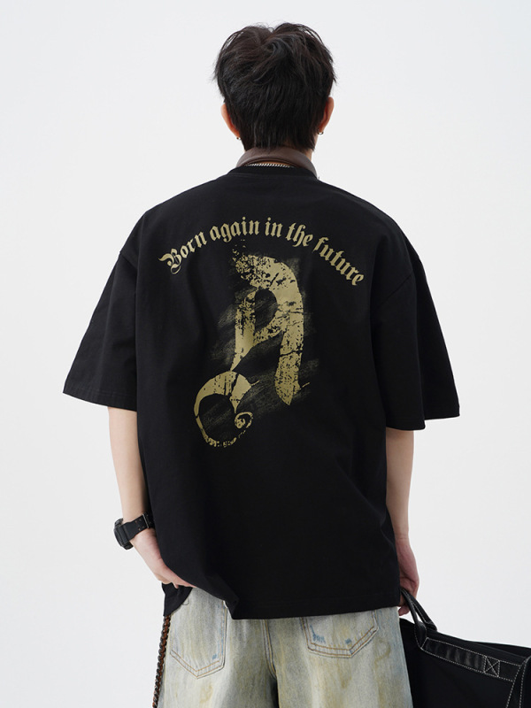 コントラストカラーのゴシック文字プリント半袖Tシャツ メンズ 夏の新作トレンドブランドTシャツ ゆったりとした純綿 カップル向け半袖Tシャツ|undefined