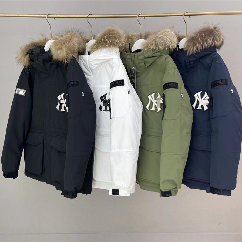 Cross-Border Putian Pure Original Mlb Workwear down Jacket Ny Yankees Large Fur Collar Mid-Length Men's and Women's Parka Jacket