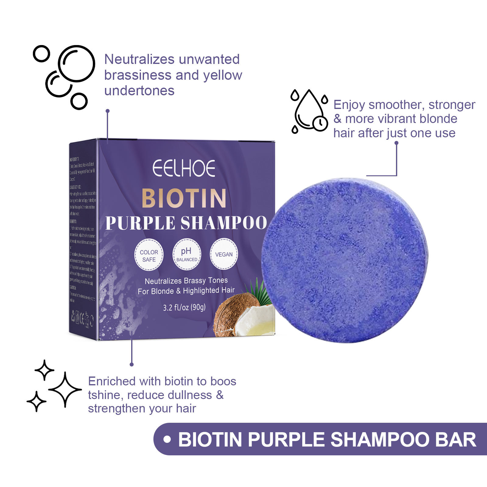 EELHOE Biotin Purple Shampoosæbe Reparerer beskadiget og kruset hovedbund, renser, udglatter og fugter håret_voghion.com