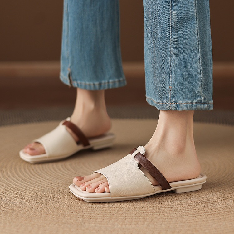 Dép sandal nữ xỏ ngón đế bệt phối màu hở mũi thời trang — màu trắng ngà, màu mơ chi tiết 46