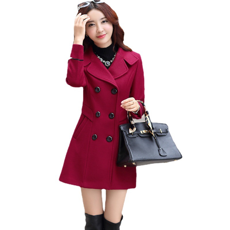 New Korean-style slim-fit woolen coat for women in autumn and winter, double-breasted long woolen overcoat for women