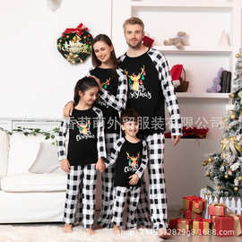 2022欧美圣诞家庭亲子套装印花圆领拼色家庭睡衣亲子套装厂家现货