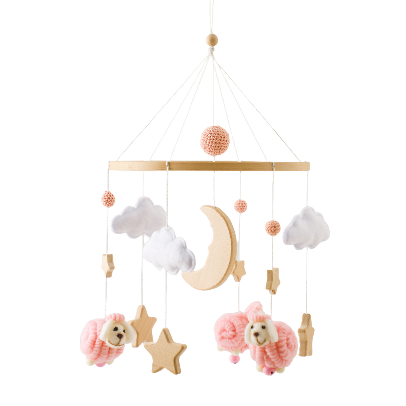 Decoración de la habitación de los niños de estilo nórdico cama colgante de viento carillones de madera anti-estrabismo mano-ojo coordinación estrella Luna ovejas cama Bell