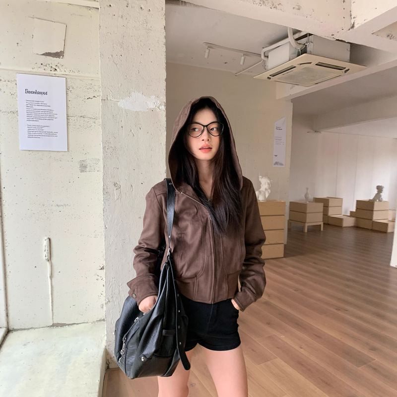 宋正恩咖色复古鹿皮绒连帽外套女秋2025新款chic别致短款夹克上衣|undefined