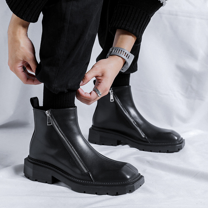Chelsea boots square toe shoes British style black mid-top short boots double side zipper Martin boots trend 4512-R