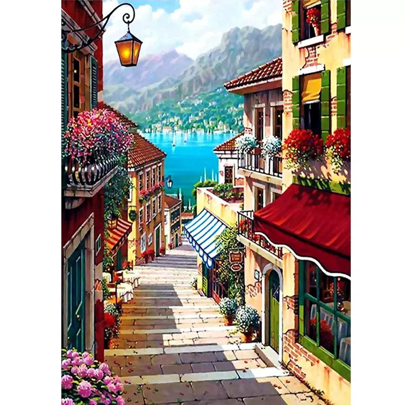 工厂批发外贸速卖通亚马逊海滨小镇风景满钻钻石画支持來图定制