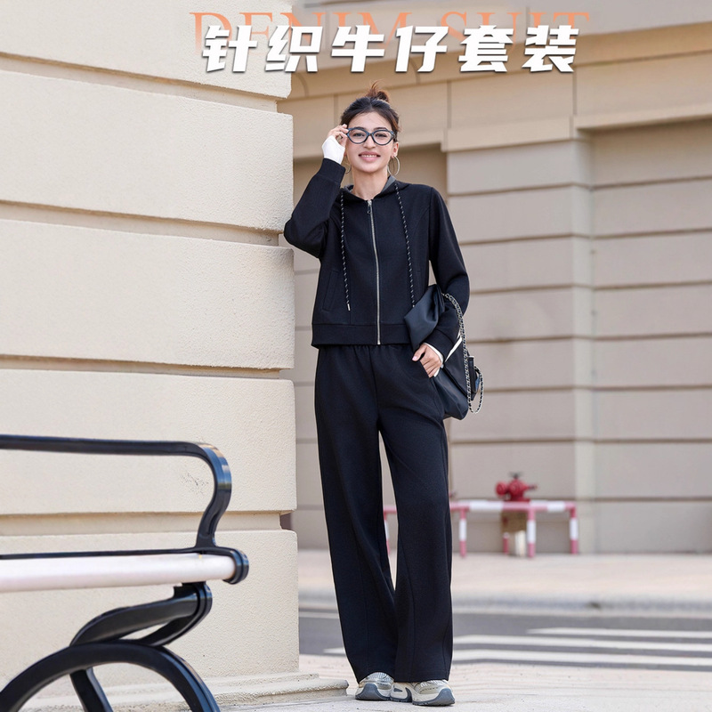 秋冬女士卫衣套装针织连帽开衫牛仔防风短外套立体剪裁弯刀休闲裤|undefined