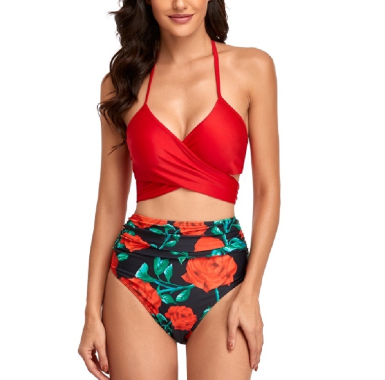 conjunto de dos piezas de bikini sin espalda con cuello colgante y estampado NSVNS117570