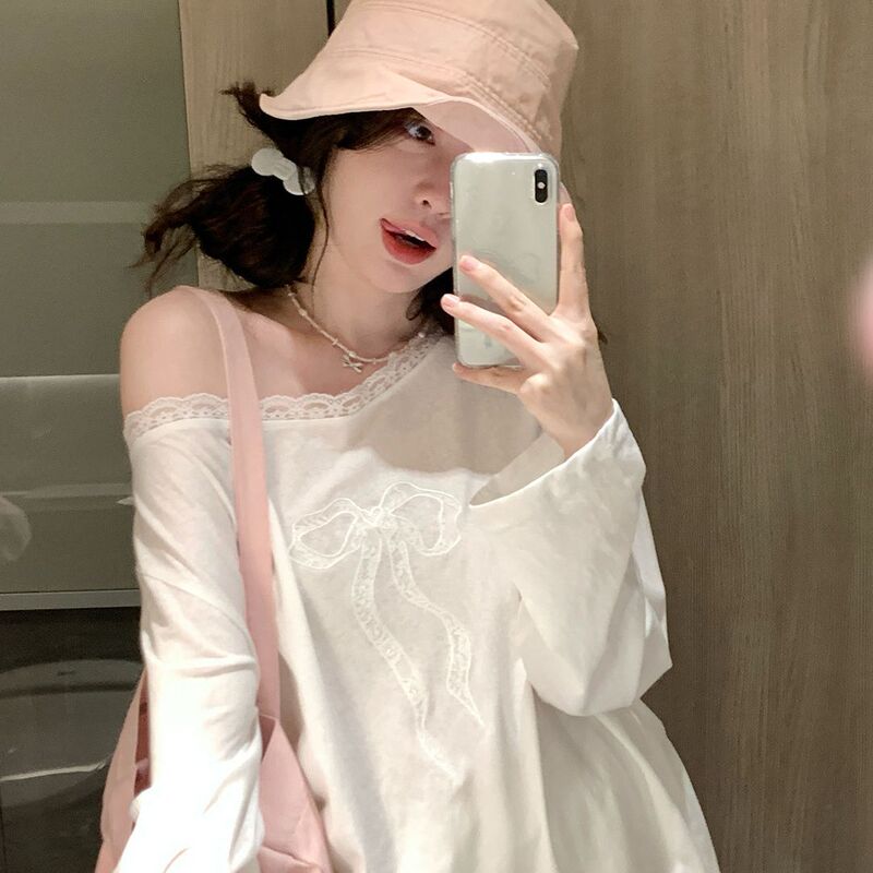 设计感蝴蝶结蕾丝露肩防晒罩衫白色长袖T恤女2025夏纯欲宽松上衣|undefined