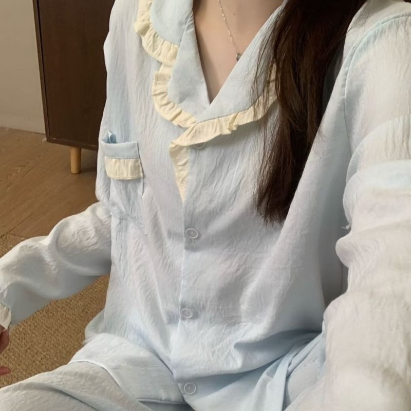 花边睡衣女春秋季云朵棉长袖长裤开衫纯色可外穿大码家居服套装|undefined
