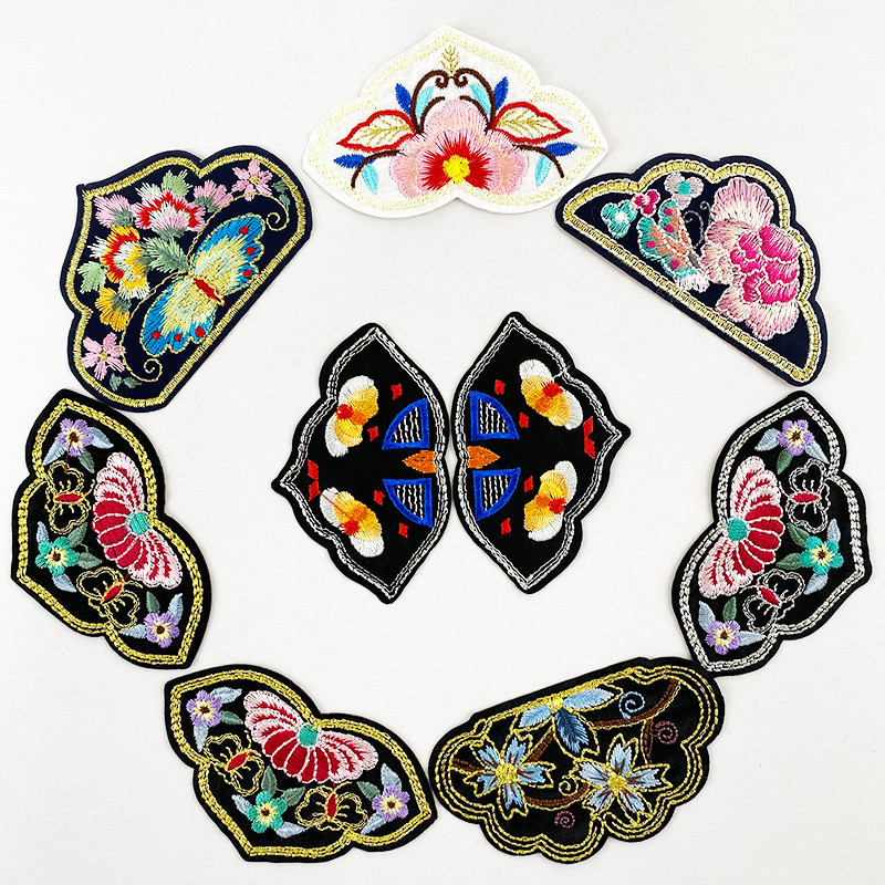 中国风一对花朵对向梅花相向牡丹花衣服补丁蝴蝶布贴背胶衣服补丁