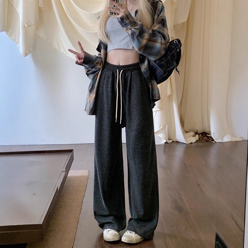 Cashmere Sports Casual Pants for Women, Spring & Fall High-Waisted Soft Waxy Straight Pants, Loose and Lazy Outer Wear Floor-Length Pants