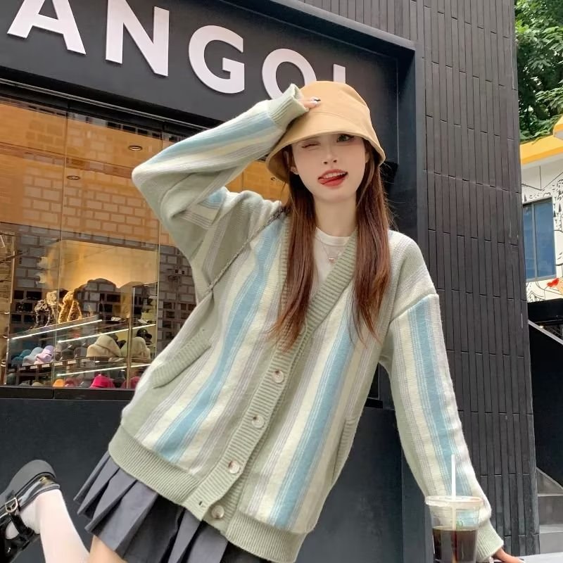 美式拼接彩色条纹针织衫毛衣女春秋季2025新款慵懒风宽松时尚开衫