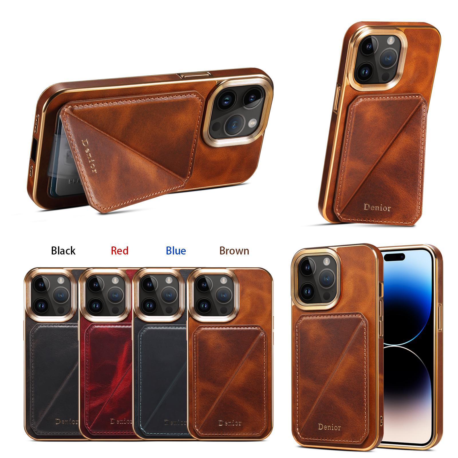 Ốp lưng da dầu iPhone 15 Pro Max kèm giá đỡ và túi đựng thẻ phong cách doanh nhân — [Da bò sáp dầu da đen] ◆ Quy trình mạ điện, [Da bò sáp dầu da xanh] ◆ Quy trình mạ điện, [Da bò sáp dầu da nâu] ◆ Quy trình mạ điện, [Da bò sáp dầu đỏ tía] ◆ Quy trình mạ điện chi tiết 10