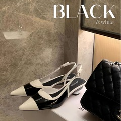 牛皮版葡萄媽同款優雅小尖頭拼色包頭後空涼鞋顯瘦低跟單鞋女