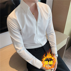 加绒加厚长袖衬衫男士商务休闲修身V领立领韩版痞帅衬衣秋冬季