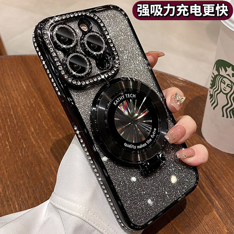 iPhone16用ケース、ラインストーン、電気メッキ、グリッター、Apple 17PROMAX、マグネット式スタンド、耐衝撃ソフトケース11|undefined