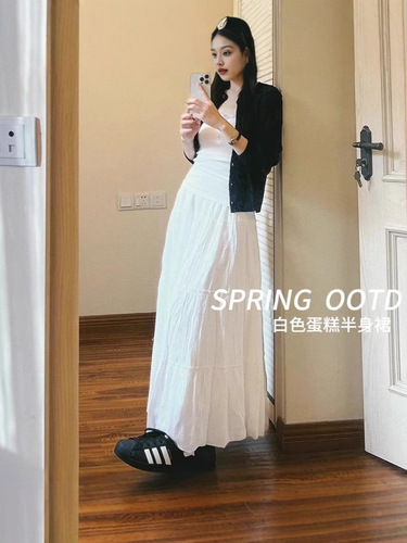 White half-body skirt for women 2025 petite spring and autumn high-waisted slimming A-line skirt gentle style fluffy cake skirt
