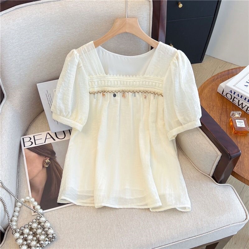 Sweet Bohemian Square-Neck Puff-Sleeve Shirt for Women, 2026 Summer Style, Tummy-Covering Pleated Babydoll Chiffon Top Sweet Bohemian Square-Neck Puff-Sleeve Shirt for Women, 2026 Summer Style, Tummy-Covering Pleated Babydoll Chiffon Top