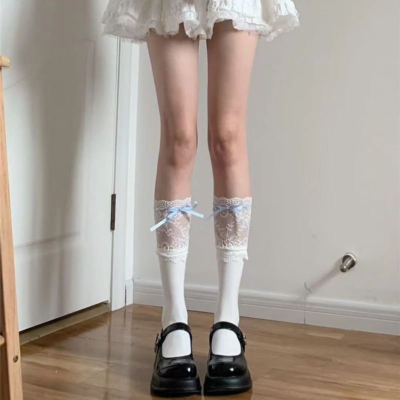 バレエ風少女春夏リボン蝶結び中筒靴下レースミルク白甜妹スタッキングソックス|undefined
