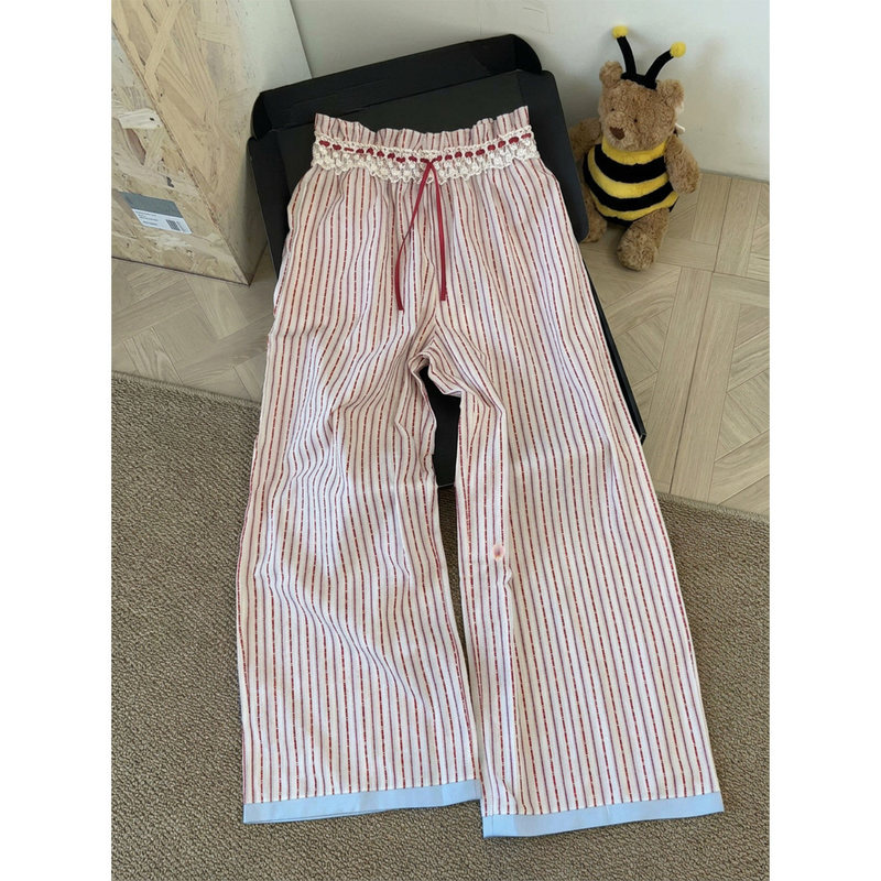 Korean-Style Girls' Lace-Trimmed Striped Pajama Pants for Women, Suitable for Summer Outings, Casual Walking, Straight-Leg Home Pants