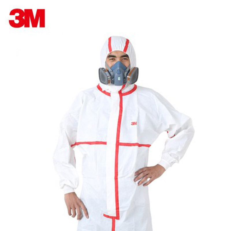 3M 4565白色带帽红胶条连体防护服 防尘防化学液体喷溅防护服