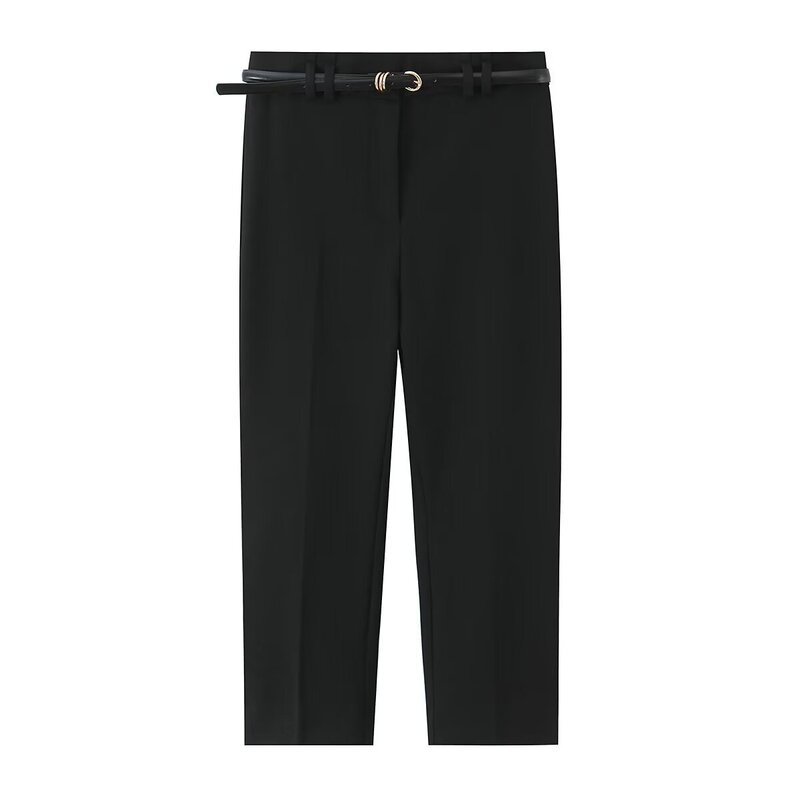 Zr Women's Clothing European and American Style 2026 Spring New Belted Capri Pants Commuter Solid Color Casual Straight-Leg Trousers