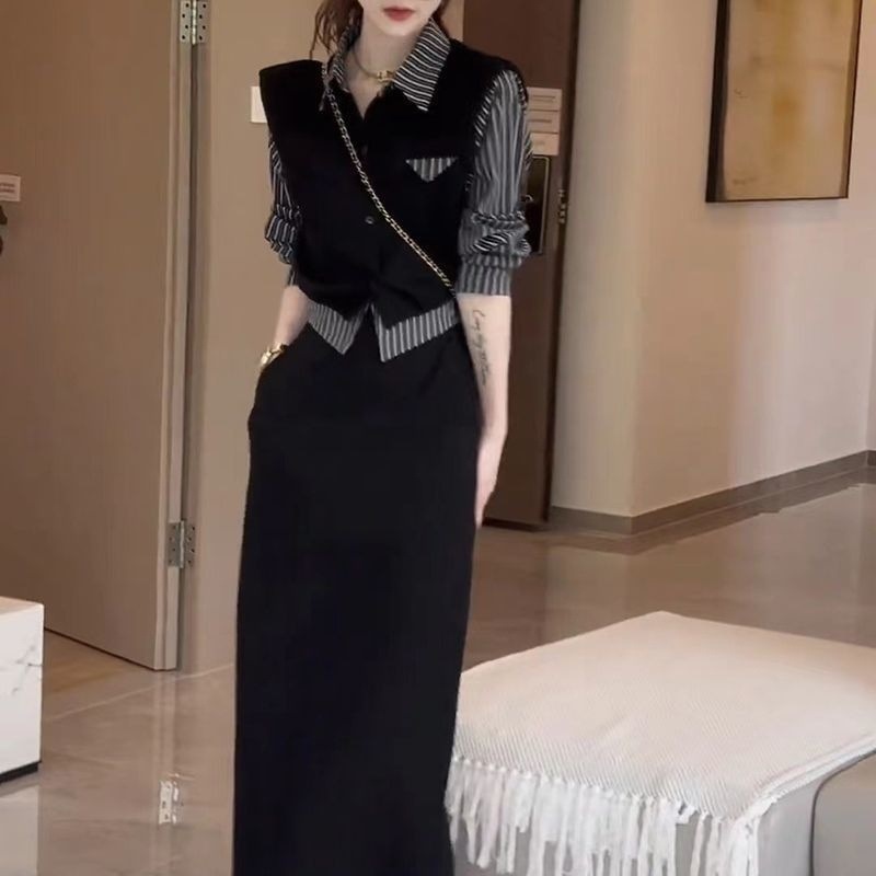 春春秋夏穿搭一整套高级感修身两件套时尚条纹假两件衬衫半身裙套|undefined