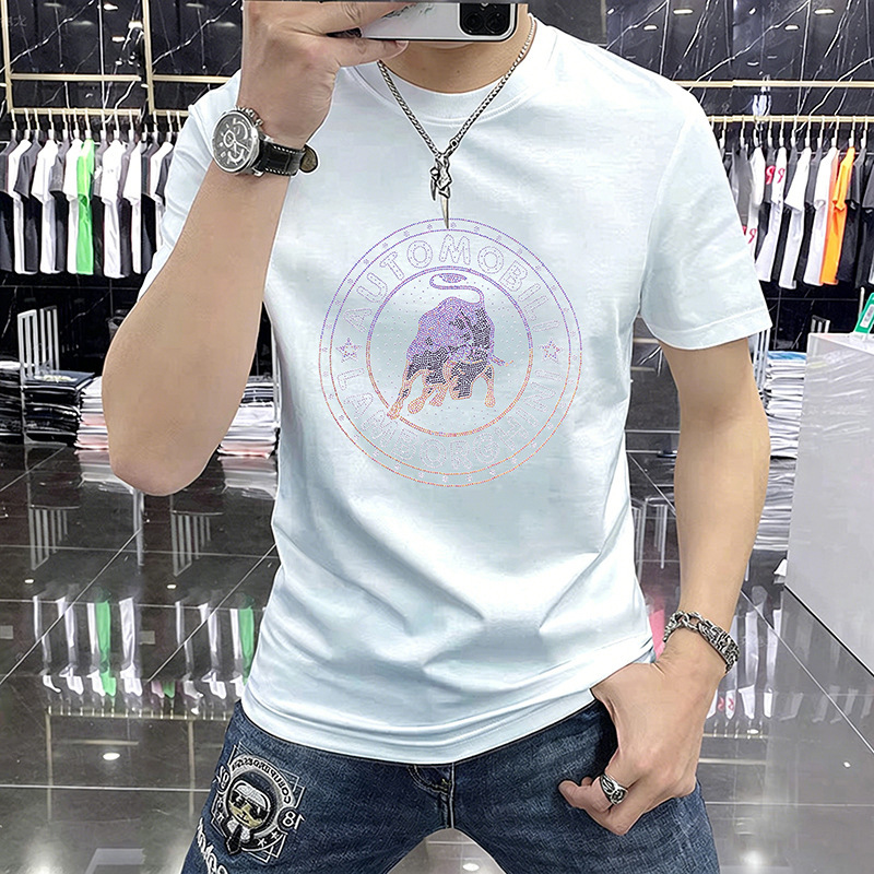 2026 New Short-Sleeve T-Shirt for Young Men with Rhinestone Colorful Cow Design, Versatile Everyday Trendy Brand Slim Fit T-Shirt for Men