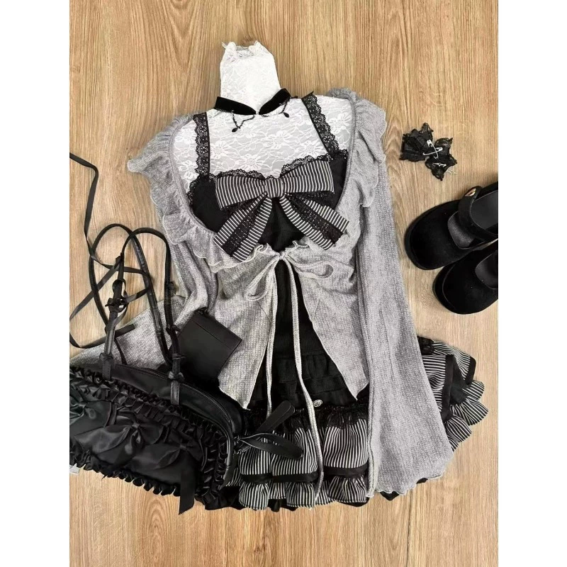 Банду lace cardigan & puff skirt 3-piece set (NUNBAI) — Black, lifting shaping, sizes S–XL