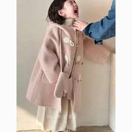女童双面羊绒大衣2024秋冬韩系女中大童高端粉色连帽羊毛妮子大衣