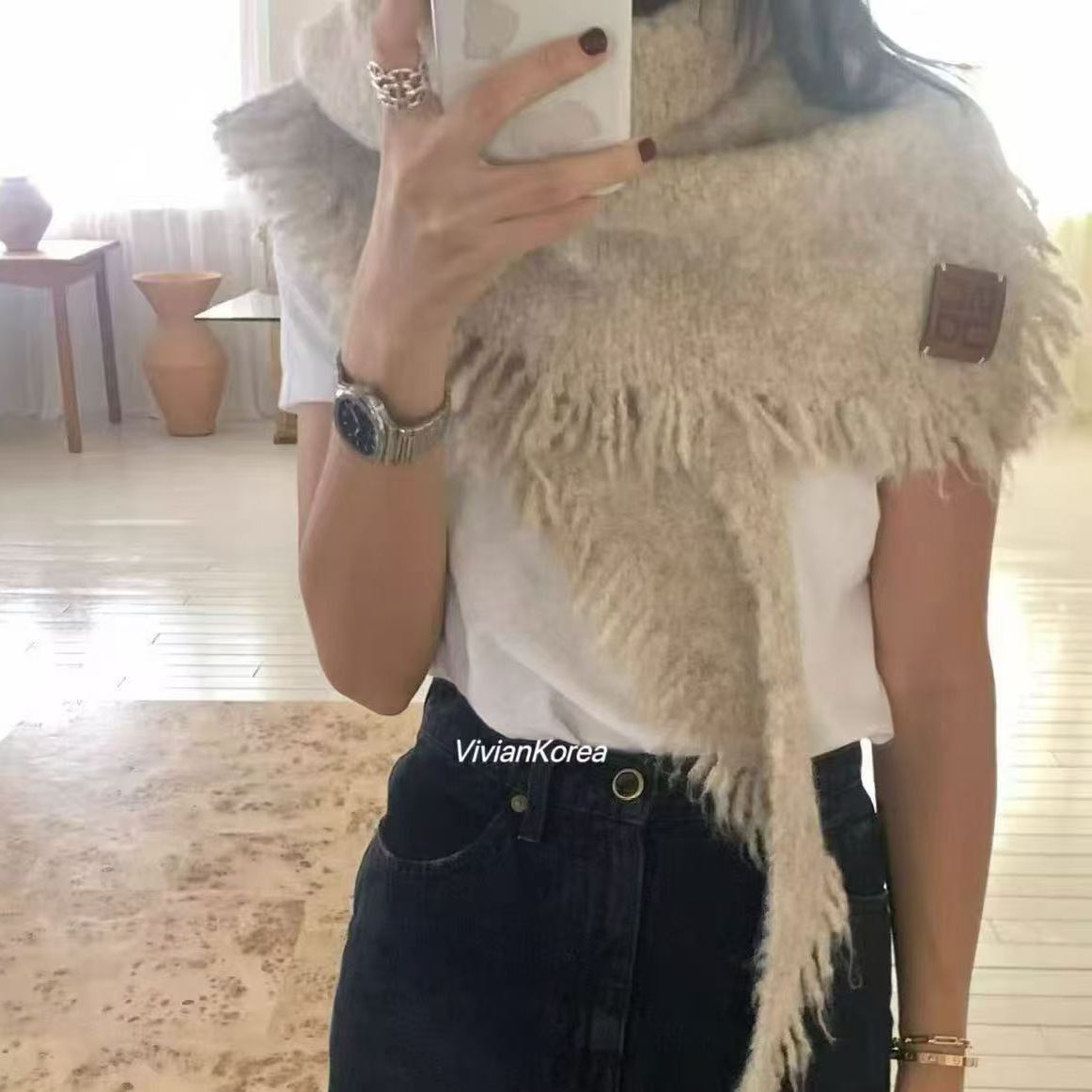 2026 Korean new women's designer wool blend large shawl with plush tassels, scarf, triangle scarf, shawl