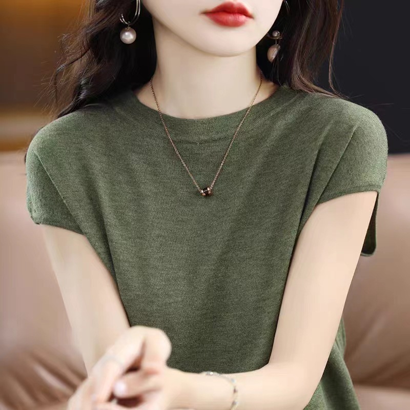 【メーカー直送】夏用薄手テンセル半袖Tシャツレディース無地ラウンドネックニットスリムアイスシルクトップ|undefined