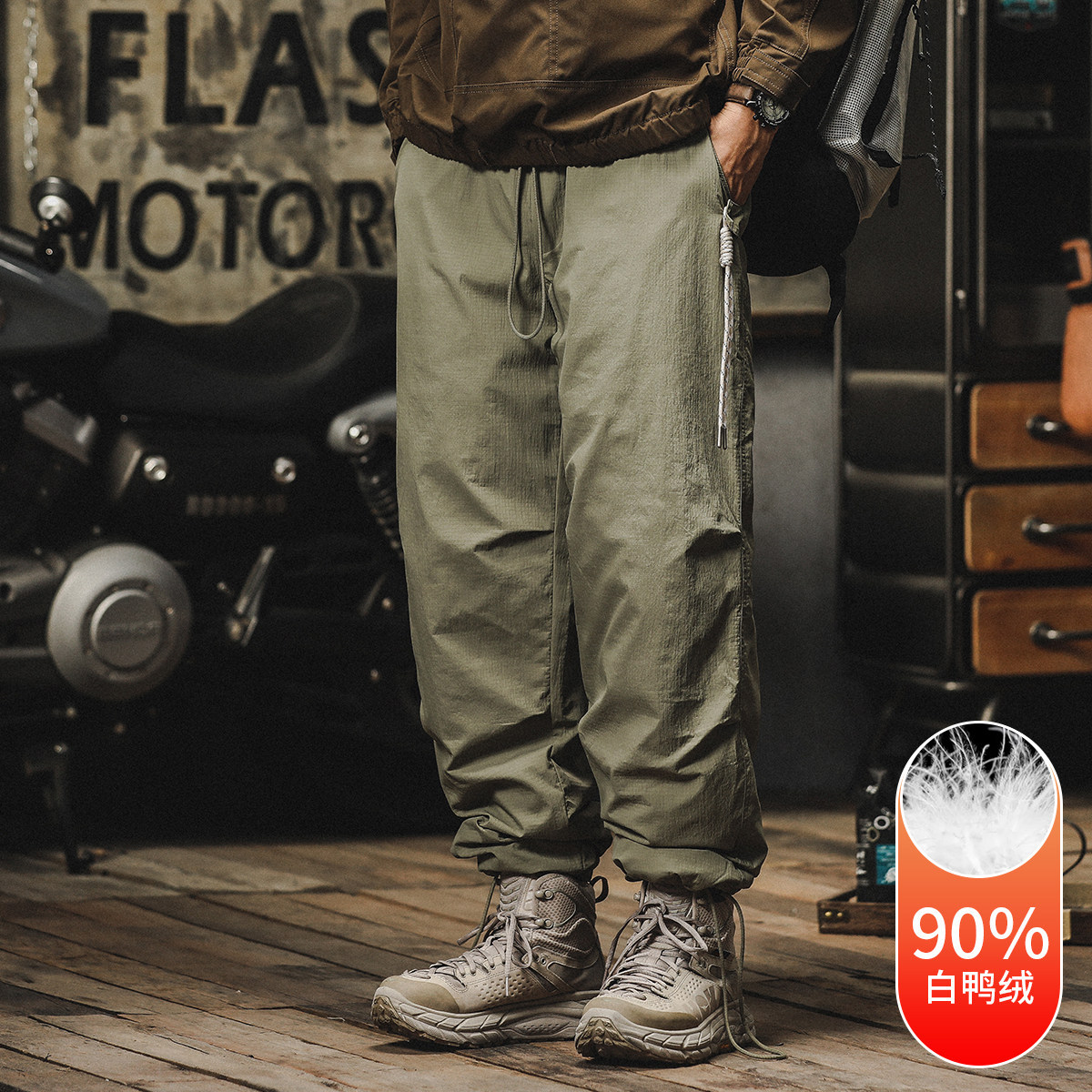 Men's down-filled winter loose-fitting trendy American-style drawstring paratrooper pants, men's warm workwear, outerwear, ski pants