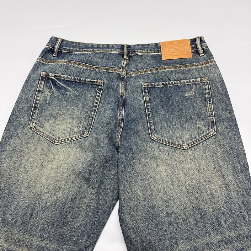 Men's Summer American Retro Loose Straight Leg Jeans Ripped Patches And Patchwork Versatile Long Pants_mkmklike.com