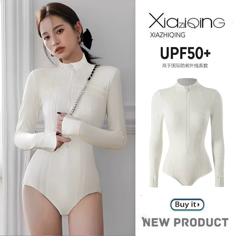 尾波冲浪高领泳衣女长袖长裤专业防晒UPF50+连体速干潜水服水母衣