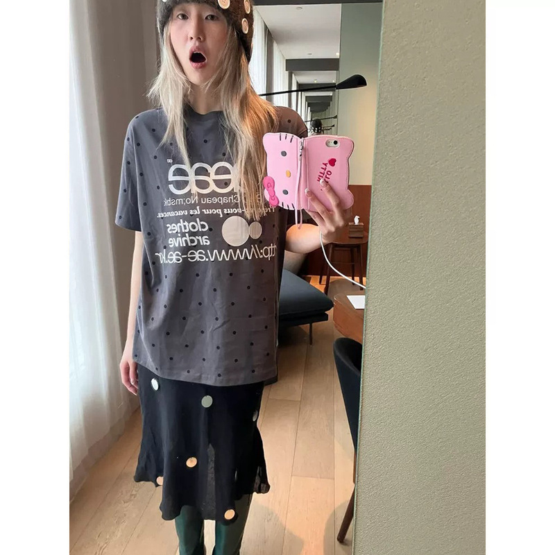 2025 summer new South Korea designer retro AE * e polka dot short sleeve T-shirt women's round neck slim short top