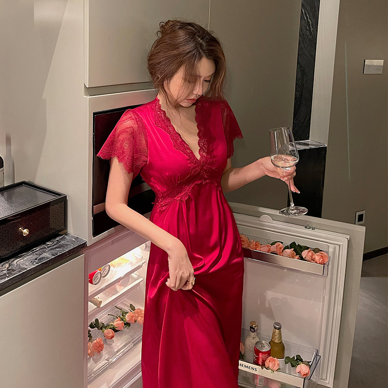 Satin Spring and Autumn Thin Silk Pajamas Lace Princess Long Home Clothes Sexy Ice Silk Nightgown Women's Summer Wholesale