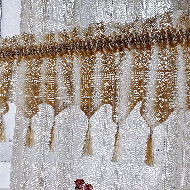 French-Style Vintage Pastoral Country Lace Cotton Crochet Coffee Curtain, Short Curtain, Door Curtain, Half Curtain