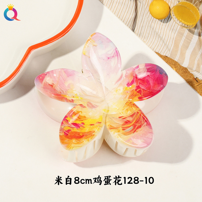 Qiyue クロスボーダー新 UV プリントカラフルなプルメリアヘアピンフラワーグリッパーハイエンド女性のヘアアクセサリーサイドグリップサメクリップ|undefined