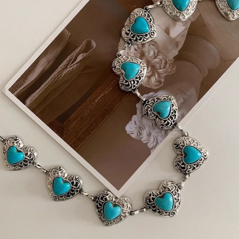 Cadena de cintura bohemia corazón turquesa para mujer accesorio_voghion.com