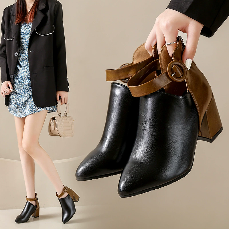 Женская обувь больших размеров 35-44 Ярда, короткие сапоги с острым носком в британском стиле на толстом каблуке, женские весенне-осенние новые модные сапоги Tide 42