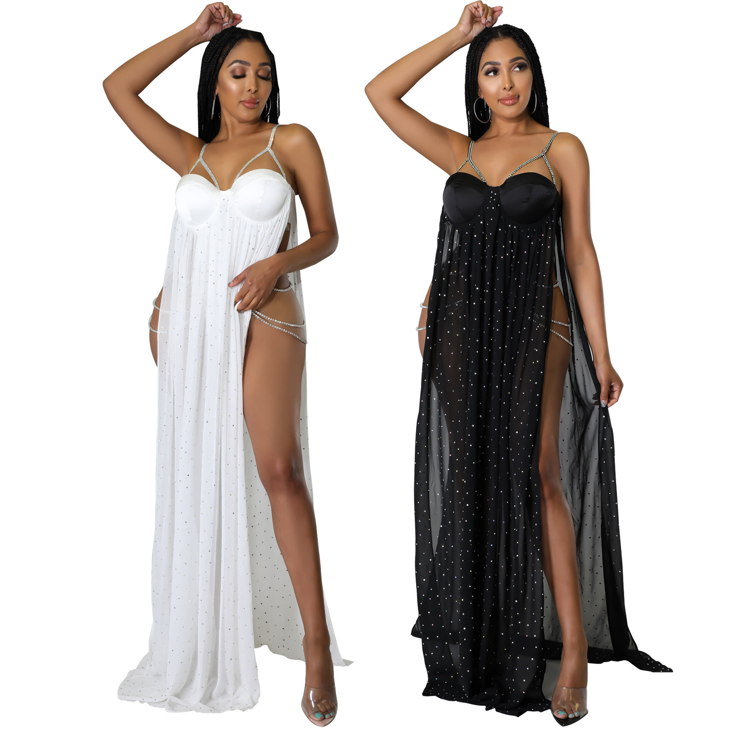 OS6675 cross-border summer New Amazon European and American women's fashion sexy mesh dress rhinestone perspective jumpsuit