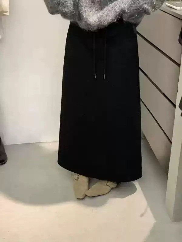 韩版羊绒半裙松紧腰高腰显瘦宽松百搭抽绳休闲运动风半身裙3色|undefined