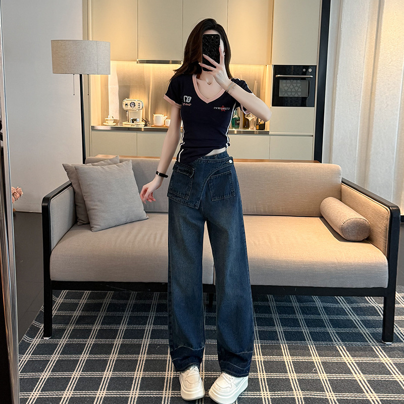 American Street Casual Short-Sleeved T-Shirt for Women, Fashionable Retro Simple Jeans for Women, New Spring and Summer Two-Piece Suit Trendy American Street Casual Short-Sleeved T-Shirt for Women, Fashionable Retro Simple Jeans for Women, New Spring and Summer Two-Piece Suit Trendy