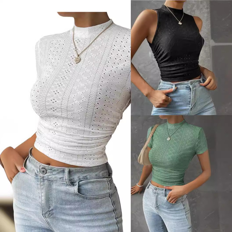 Foreign Trade Amazon Temu 2024 European and American Women's Fashion Crop Top High-Neck Mesh Jacquard Top Sexy