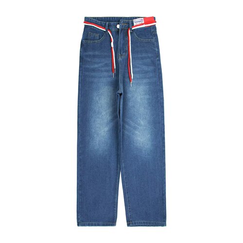 Women's Spring New Drawstring Straight Leg Jeans, High-Waisted, Loose and Slimming, Floor-Length Trousers with Drape